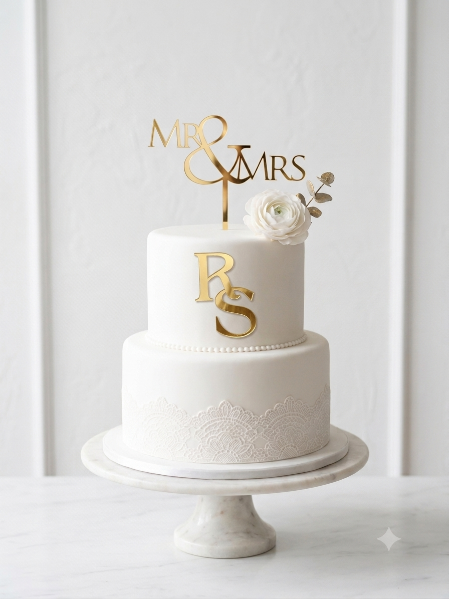 Custom Mirror Acrylic Wedding Cake Topper & Monogram Charm Set