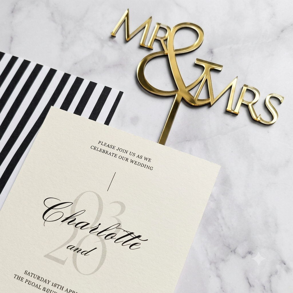 Custom Mirror Acrylic Wedding Cake Topper & Monogram Charm Set