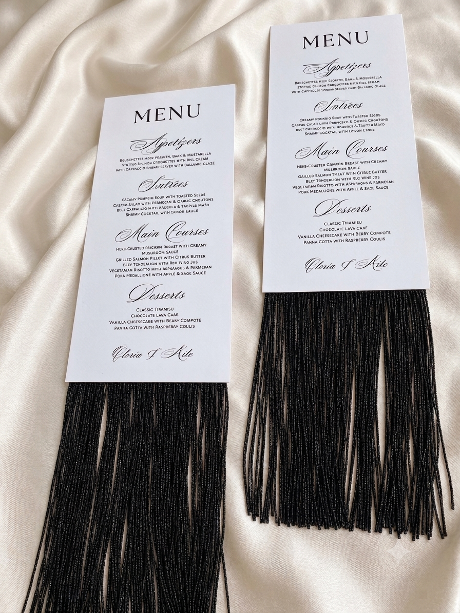 Luxury Custom Menu Cards with Black Fringe Trim