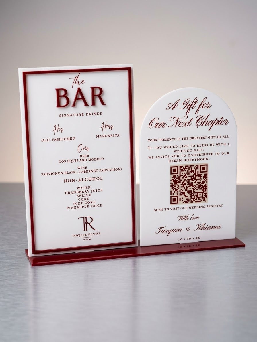 Custom 2-Piece Acrylic Bar Menu & Wedding Registry QR Code Sign