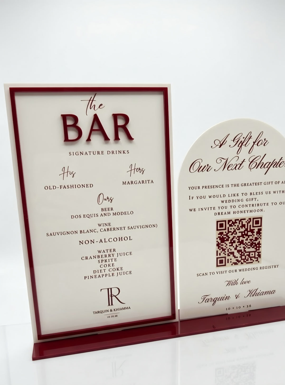 Custom 2-Piece Acrylic Bar Menu & Wedding Registry QR Code Sign
