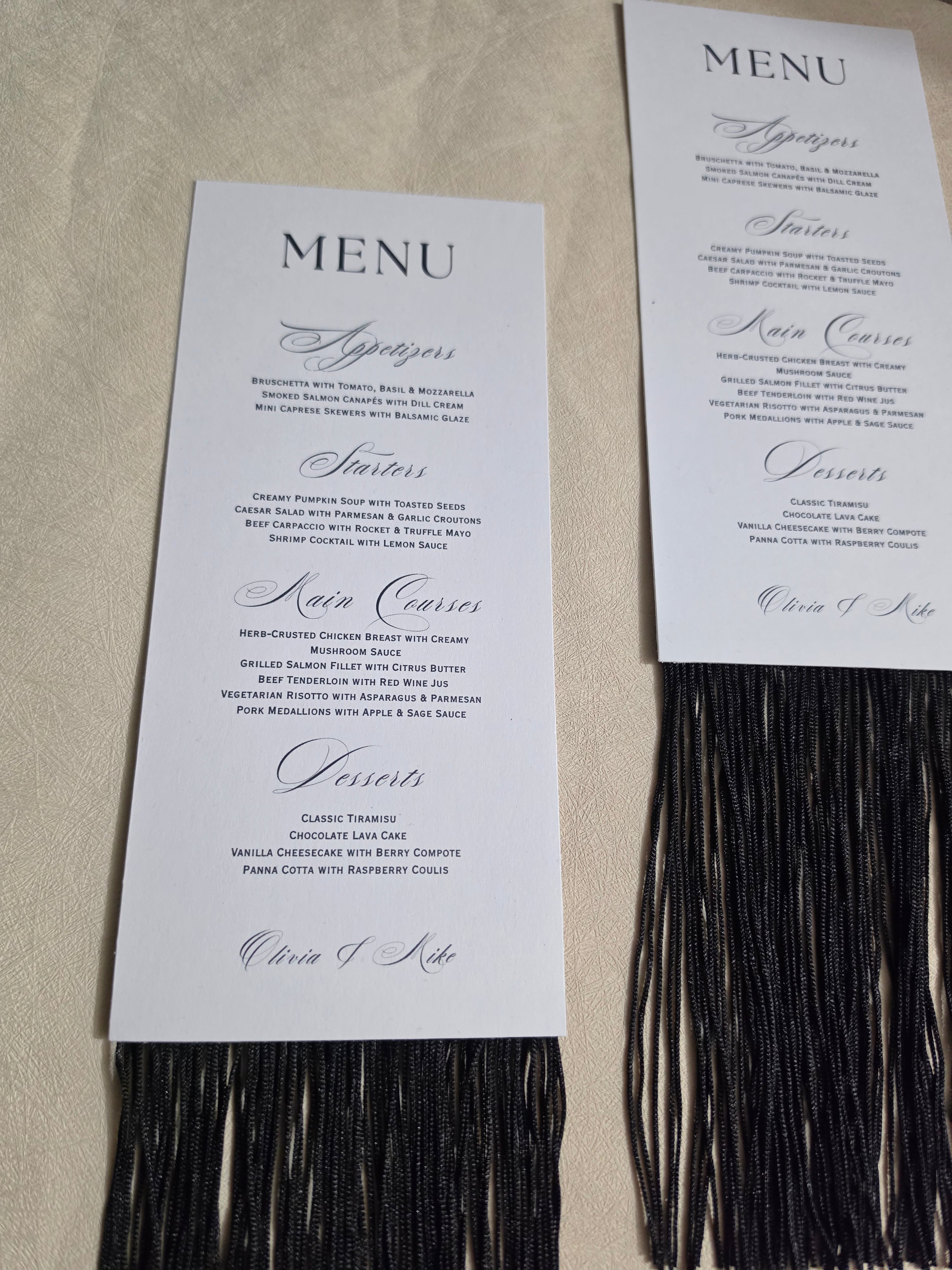 Luxury Custom Menu Cards with Black Fringe Trim