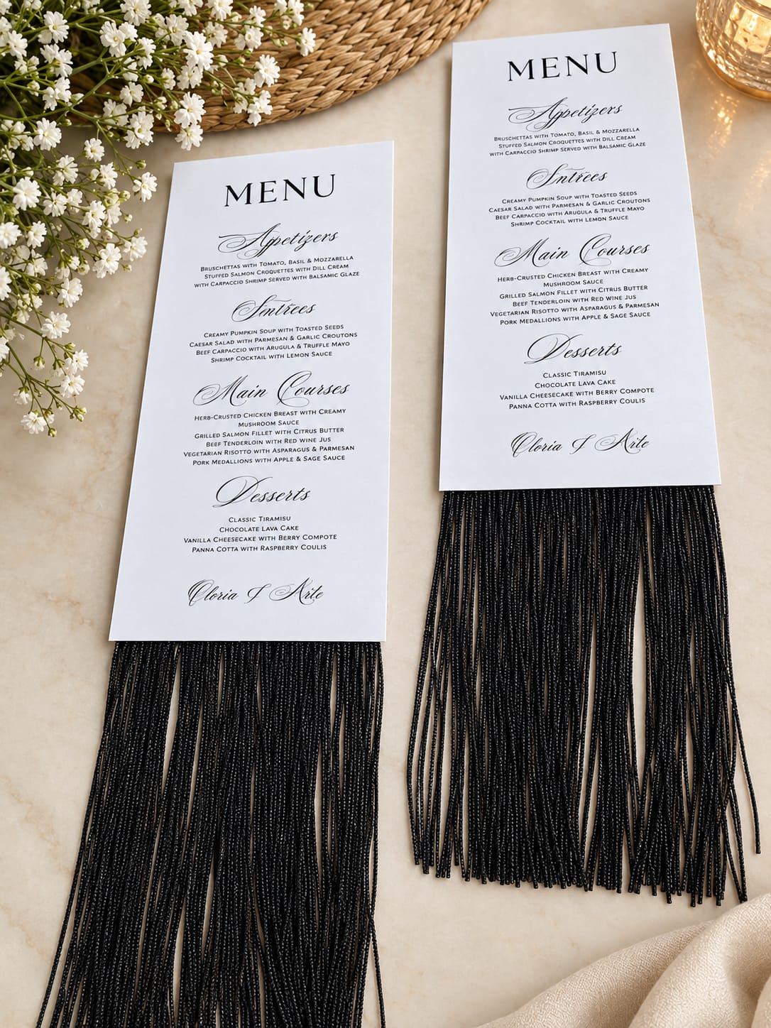 Luxury Custom Menu Cards with Black Fringe Trim